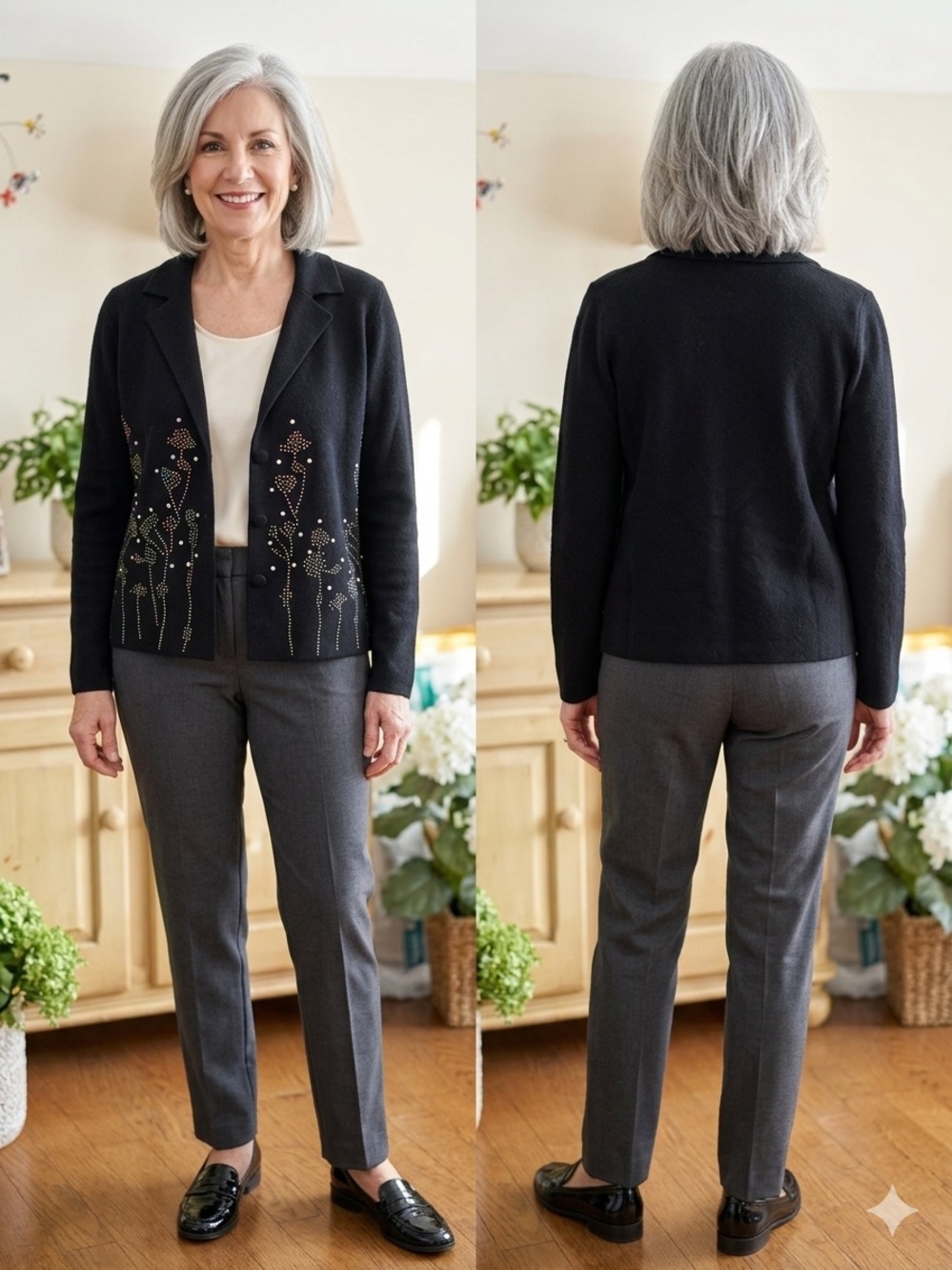 Embellished Black Cardigan with Floral Crystal Pearl Details NWT